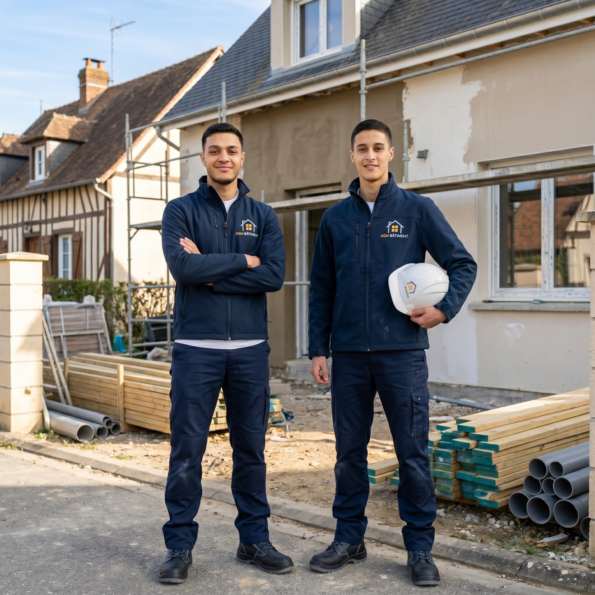 Anas & Yanis sur chantier en tenue AGM Bâtiment